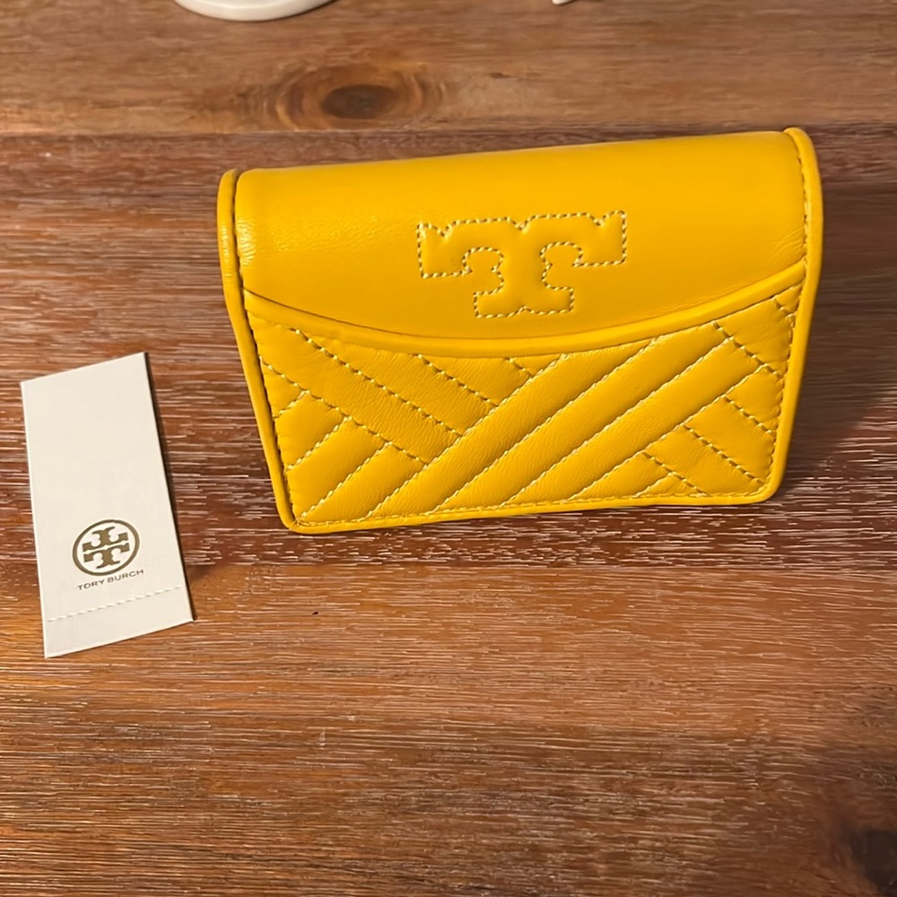 New Tory Burch mini wallet bifold yellow leather NWT